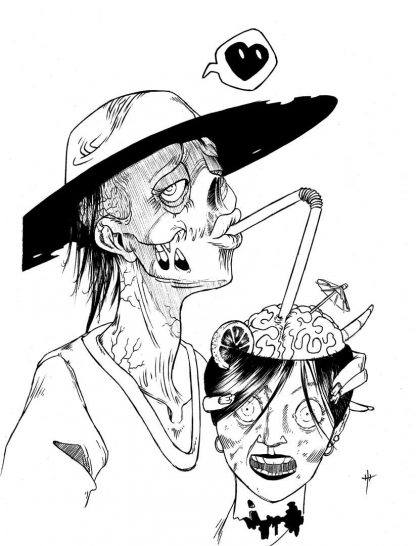 "Zombie Break" Art Print. Drawing of a zombie having a little break sipping a hot and bloody brain juice with a slice of lemon and little cocktail umbrella. Afterlife is sweet